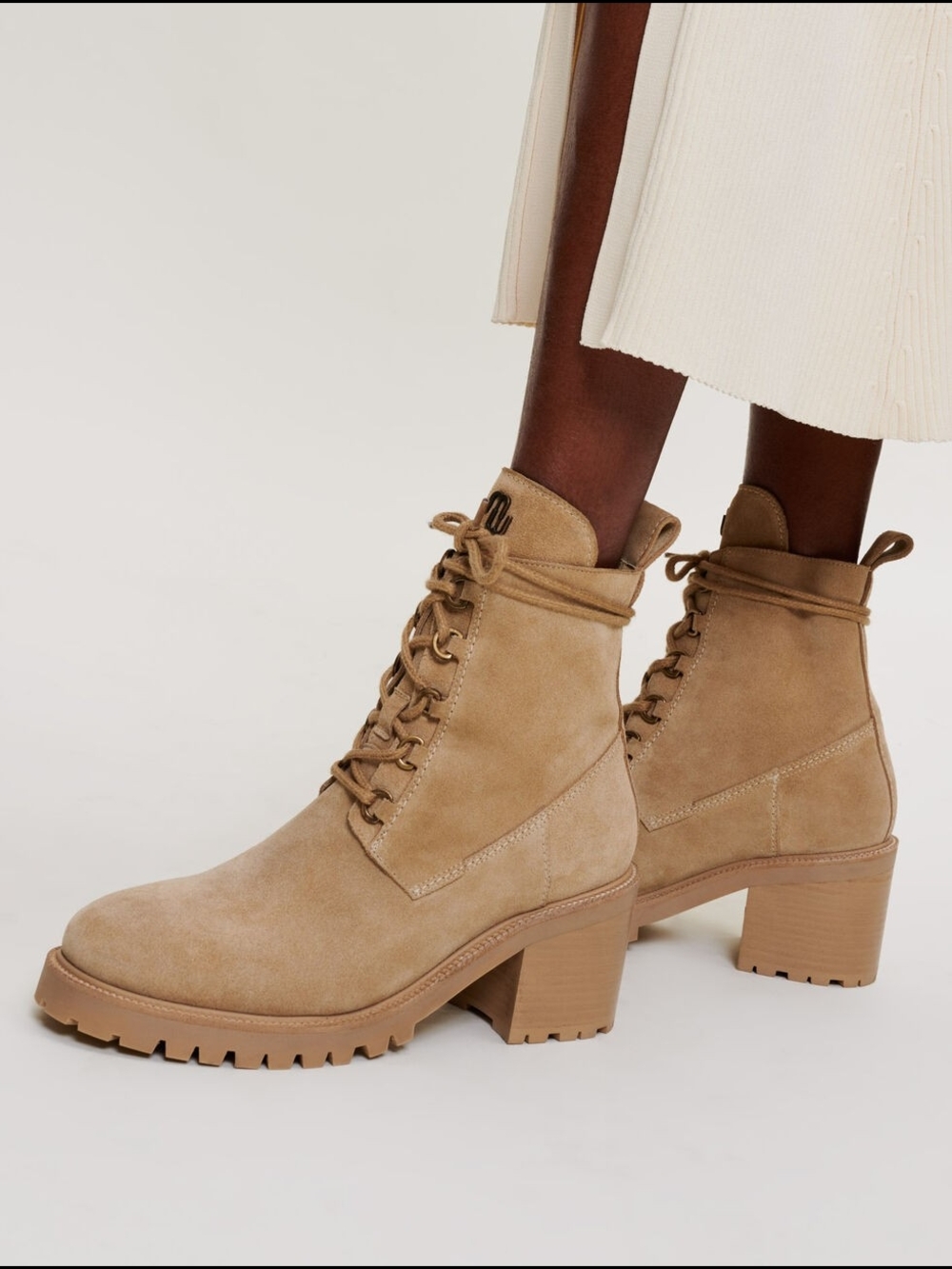 Maje Women's Suede Lace-Up Block Heel Boots in Tan Sz 38
